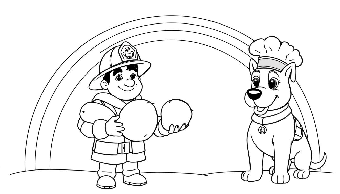 Dessin en noir et blanc d'un garçon pompier et d'un chien chef cuisinier sous un arc-en-ciel, prêt à être colorié.