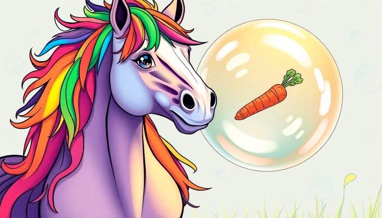 Un poney violet pâle avec une crinière et une queue arc-en-ciel regarde une bulle transparente contenant une carotte orange.