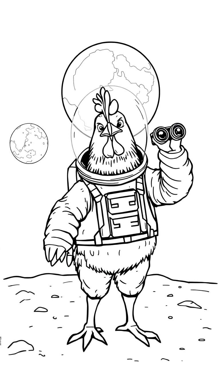 Coloriage d'une poule astronaute portant un casque transparent et un scaphandre, tenant des jumelles et regardant la Terre depuis la surface rocheuse de la lune.