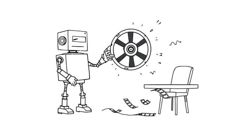 Dessin au trait noir et blanc d'un robot minimaliste avec une roue brillante et des pellicules de film.