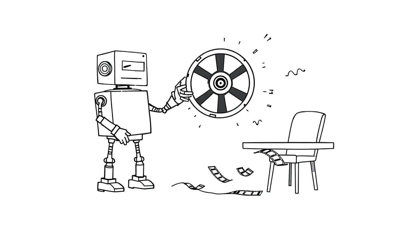 Dessin au trait noir et blanc d'un robot minimaliste avec une roue brillante et des pellicules de film.