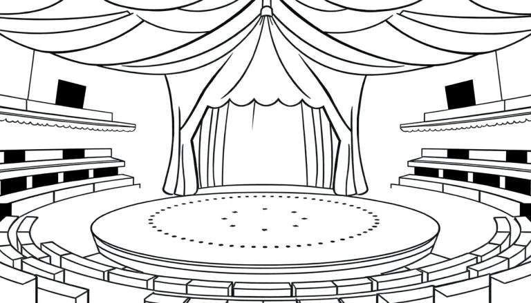 Dessin au trait noir et blanc d'une scène de spectacle circulaire avec des gradins, des loges, des rideaux ouverts et des drapés.