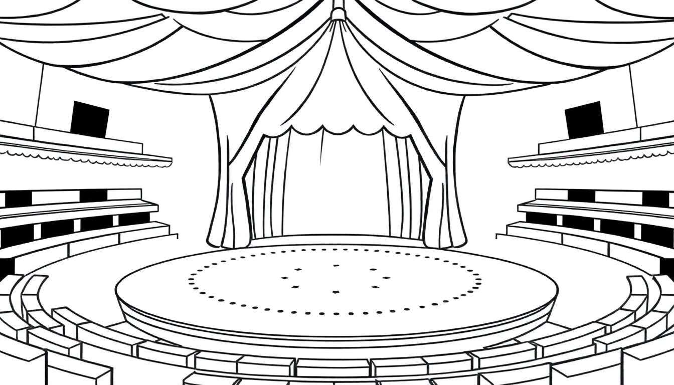 Dessin au trait noir et blanc d'une scène de spectacle circulaire avec des gradins, des loges, des rideaux ouverts et des drapés.