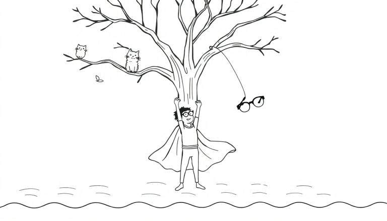 Coloriage d'un enfant super-héros souriant, agrippé à un arbre aux branches nues, avec des chats et un papillon.