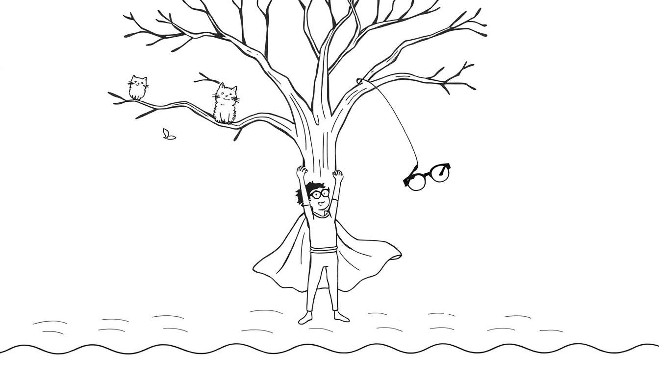 Coloriage d'un enfant super-héros souriant, agrippé à un arbre aux branches nues, avec des chats et un papillon.