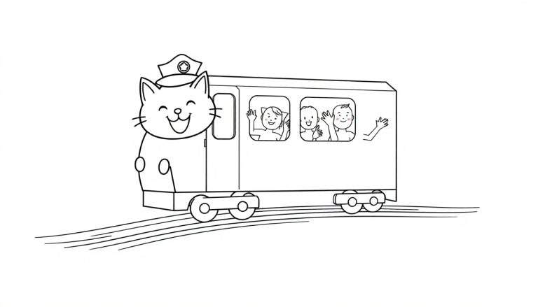Dessin au trait noir et blanc d'un train avec une locomotive en forme de chat joyeux et des enfants souriants dans les wagons, prêt à être colorié.