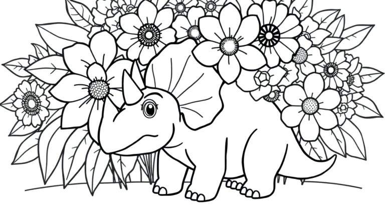 Dessin au trait d'un Tricératops joyeux entouré de fleurs et de feuilles pour un coloriage.