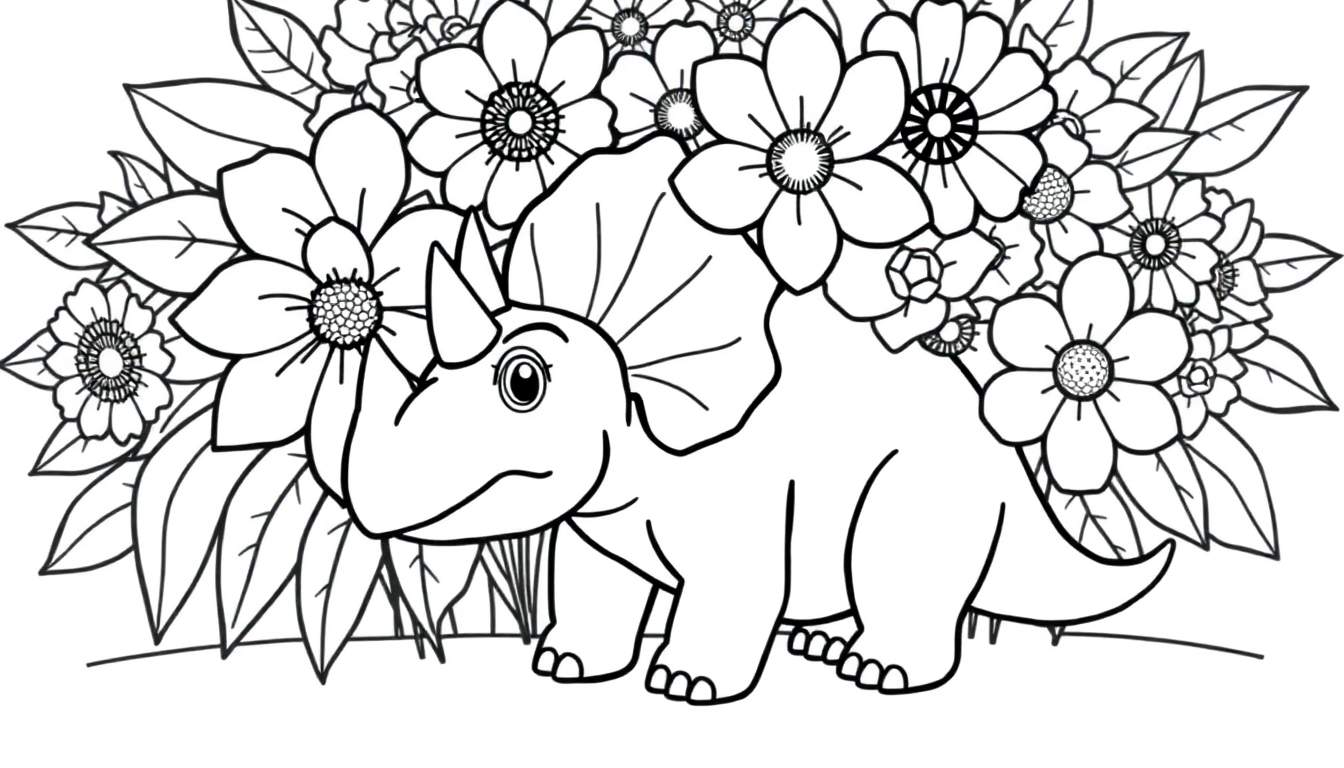 Dessin au trait d'un Tricératops joyeux entouré de fleurs et de feuilles pour un coloriage.