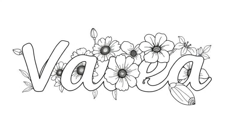Dessin au trait noir et blanc d'une page à colorier avec le nom 'Valesia' écrit en grandes lettres bulles décorées de fleurs et de feuilles.
