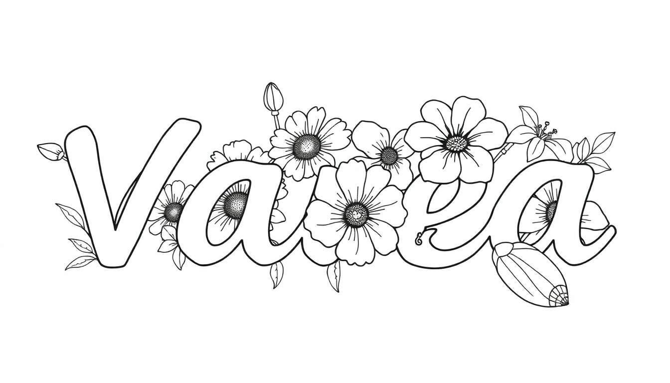 Dessin au trait noir et blanc d'une page à colorier avec le nom 'Valesia' écrit en grandes lettres bulles décorées de fleurs et de feuilles.