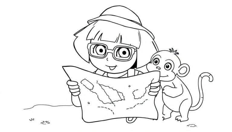 Coloriage d'une jeune fille avec un chapeau d'explorateur et des lunettes, tenant une carte, et d'un singe souriant observant la carte à ses côtés.