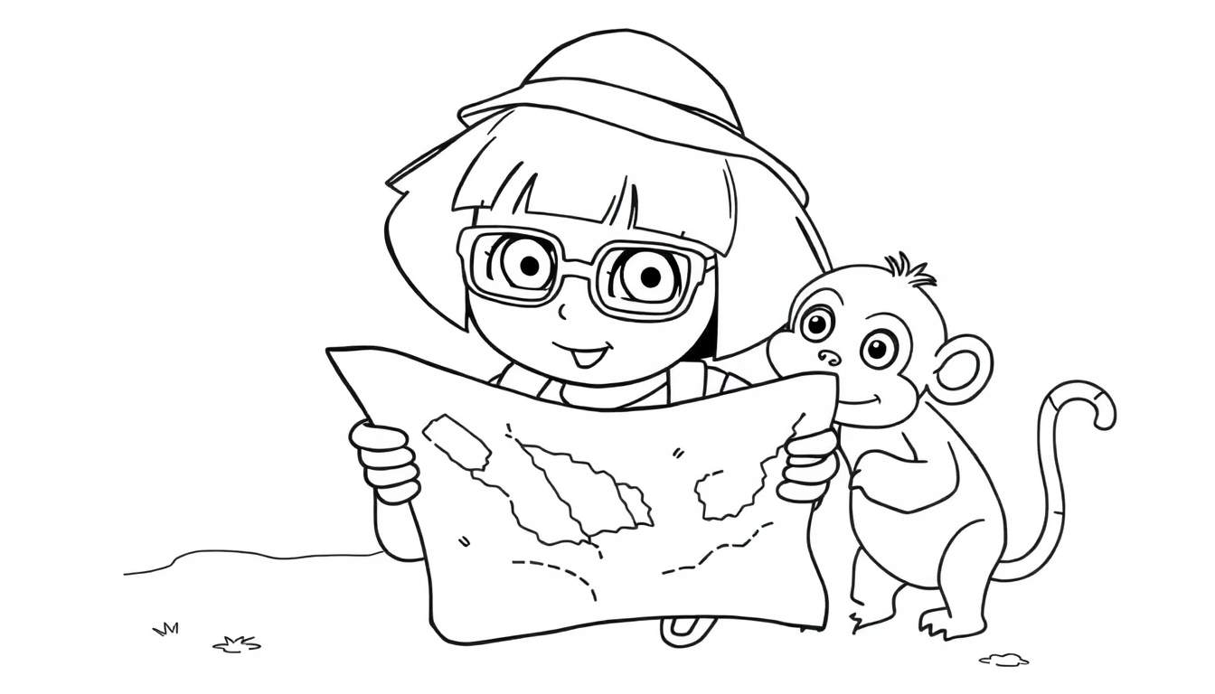Coloriage d'une jeune fille avec un chapeau d'explorateur et des lunettes, tenant une carte, et d'un singe souriant observant la carte à ses côtés.