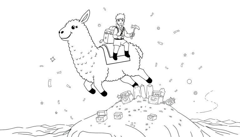 Dessin au trait d'un jeune garçon explorateur souriant assis sur un lama joyeux et bondissant, entouré de coffres au trésor ouverts, de pièces et de confettis sur le thème de la découverte et de l'aventure.