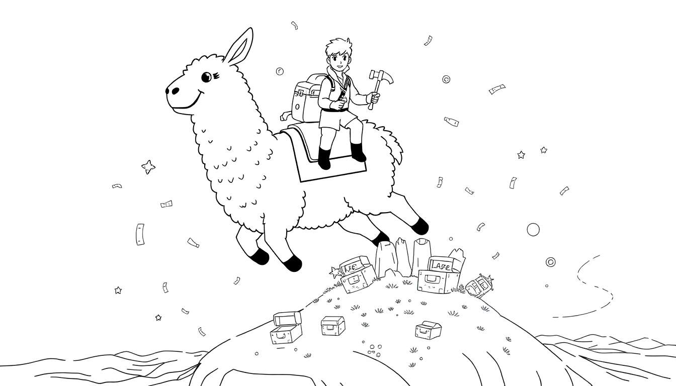 Dessin au trait d'un jeune garçon explorateur souriant assis sur un lama joyeux et bondissant, entouré de coffres au trésor ouverts, de pièces et de confettis sur le thème de la découverte et de l'aventure.