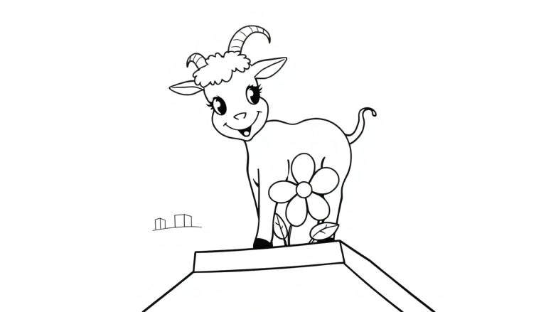 Dessin au trait d'une chèvre de dessin animé souriante, vue de dos, se tenant sur une structure architecturale, avec une fleur sur son flanc et un village stylisé à l'horizon.