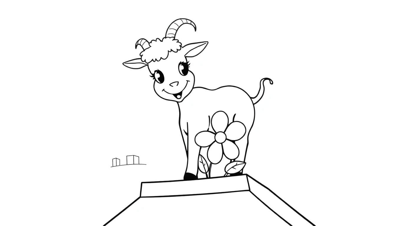 Dessin au trait d'une chèvre de dessin animé souriante, vue de dos, se tenant sur une structure architecturale, avec une fleur sur son flanc et un village stylisé à l'horizon.