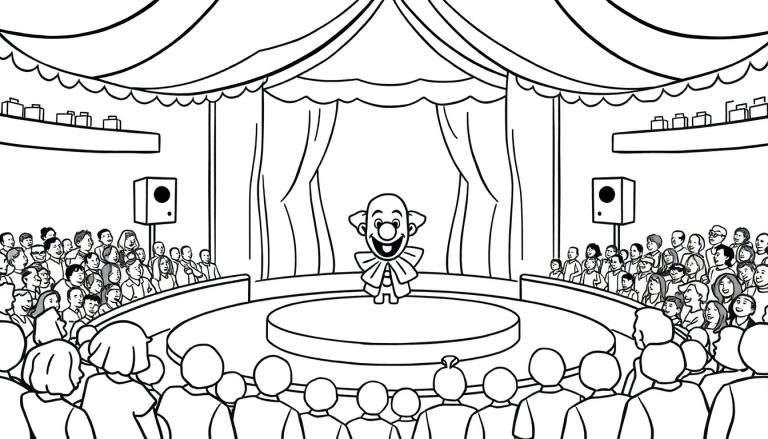 Image de coloriage d'une scène de cirque avec un clown, un public et des décorations.