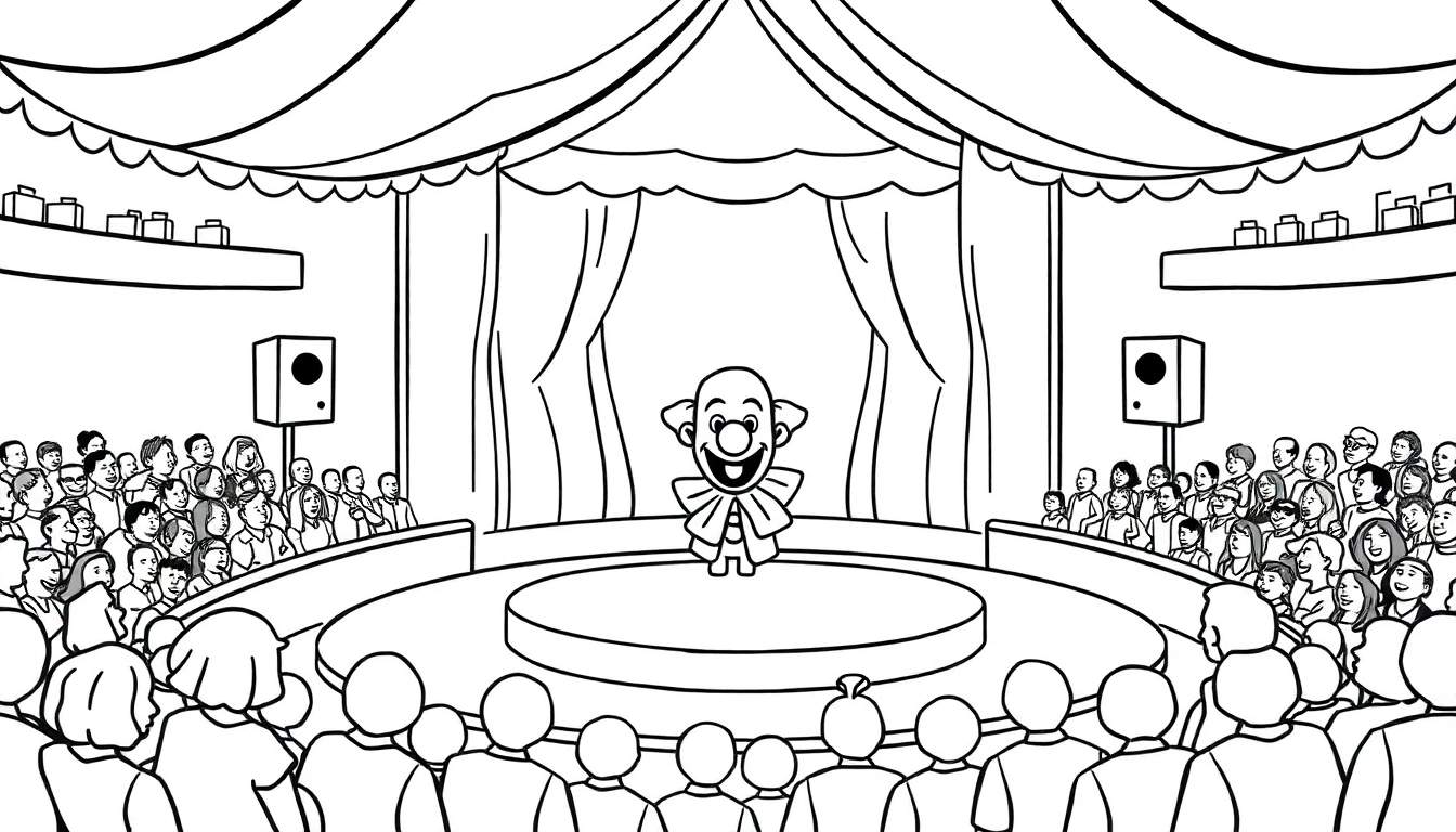 Image de coloriage d'une scène de cirque avec un clown, un public et des décorations.