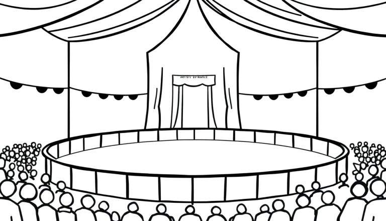 Dessin au trait noir et blanc d'un intérieur de cirque avec un chapiteau, des guirlandes, une entrée d'artiste et des spectateurs stylisés.