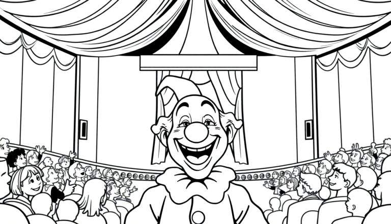 Illustration en noir et blanc d'un coloriage : un clown joyeux avec un gros nez rond et une collerette est au centre d'une scène de spectacle, devant des rideaux de cirque. Une foule d'adultes et d'enfants souriants et applaudissant est visible sur les côtés.