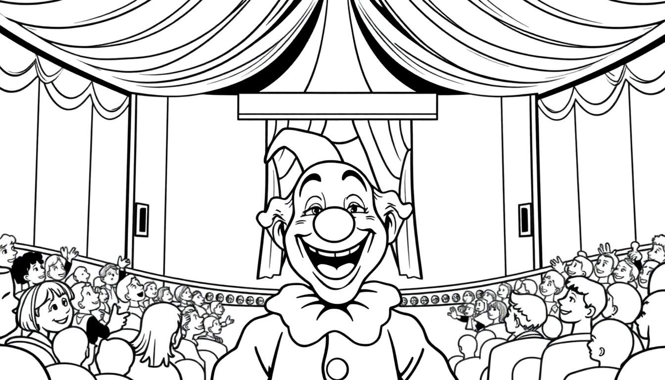 Illustration en noir et blanc d'un coloriage : un clown joyeux avec un gros nez rond et une collerette est au centre d'une scène de spectacle, devant des rideaux de cirque. Une foule d'adultes et d'enfants souriants et applaudissant est visible sur les côtés.