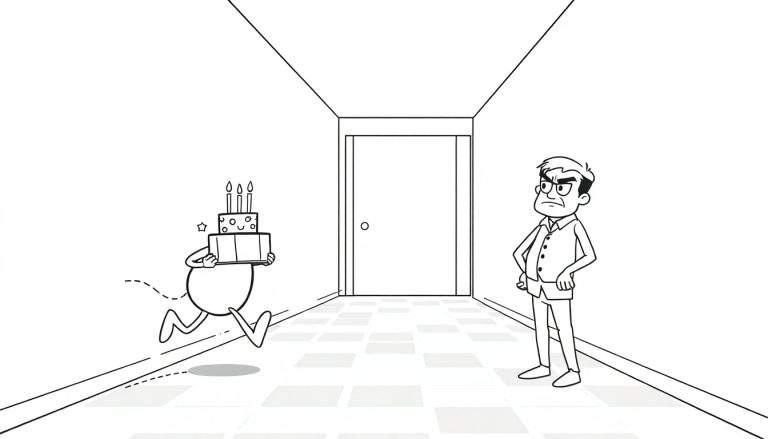 Coloriage d'un couloir avec un personnage rapide portant un gâteau d'anniversaire et un homme fâché.