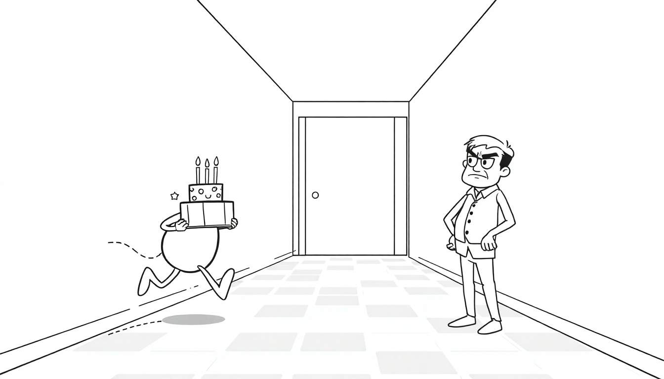 Coloriage d'un couloir avec un personnage rapide portant un gâteau d'anniversaire et un homme fâché.