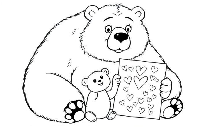 Coloriage : Grand ours surpris et joyeux devant un petit ourson tenant une feuille avec des cœurs.