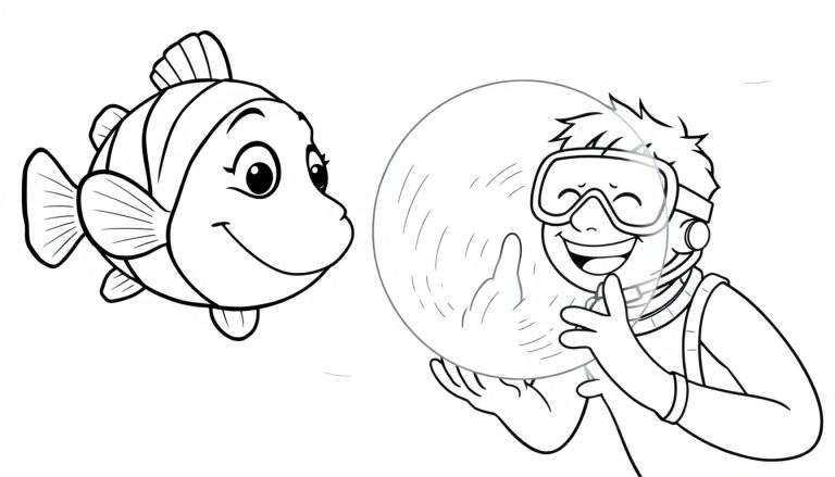Coloriage d'un poisson-clown aux grandes nageoires et d'un enfant avec un masque de plongée tenant une bulle d'air géante, souriant l'un à l'autre.