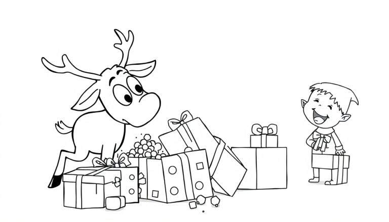 Un renne joyeux saute près d'une pile de cadeaux, un lutin heureux tenant un grand cadeau.