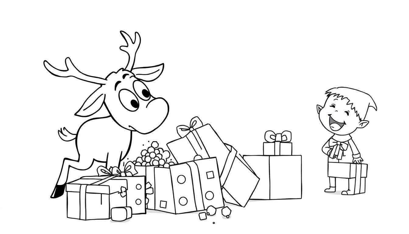 Un renne joyeux saute près d'une pile de cadeaux, un lutin heureux tenant un grand cadeau.