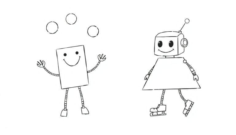 Coloriage d'un robot rectangle souriant jonglant avec des cercles et d'un robot cube avec des patins à glace souriant.