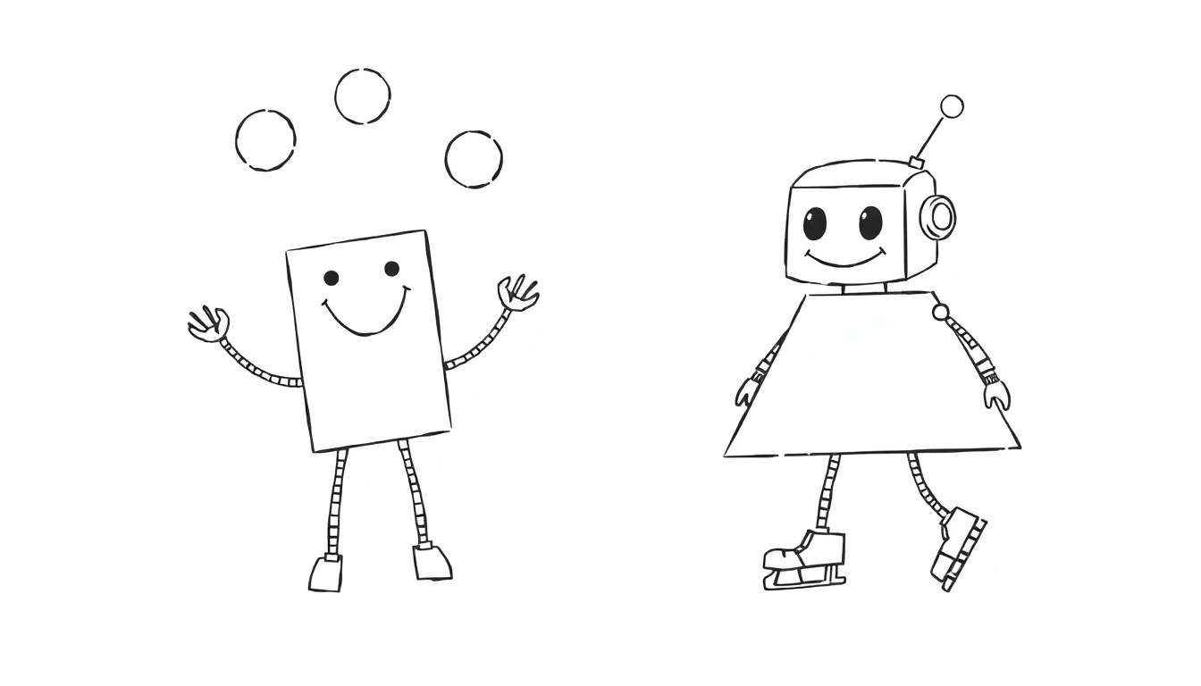 Coloriage d'un robot rectangle souriant jonglant avec des cercles et d'un robot cube avec des patins à glace souriant.