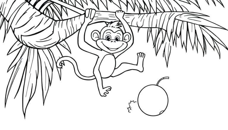 Dessin au trait d'un singe joyeux accroché à une branche avec des feuilles de palmier et une noix de coco, prêt à être colorié.