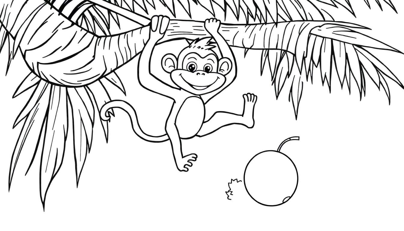 Dessin au trait d'un singe joyeux accroché à une branche avec des feuilles de palmier et une noix de coco, prêt à être colorié.