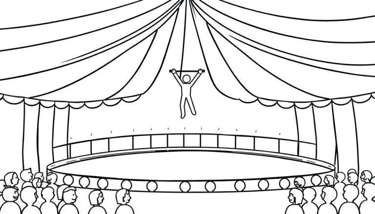Coloriage d'un trapéziste stylisé en plein numéro de cirque, suspendu à une barre sous un chapiteau. La piste et les spectateurs sont visibles en dessous.