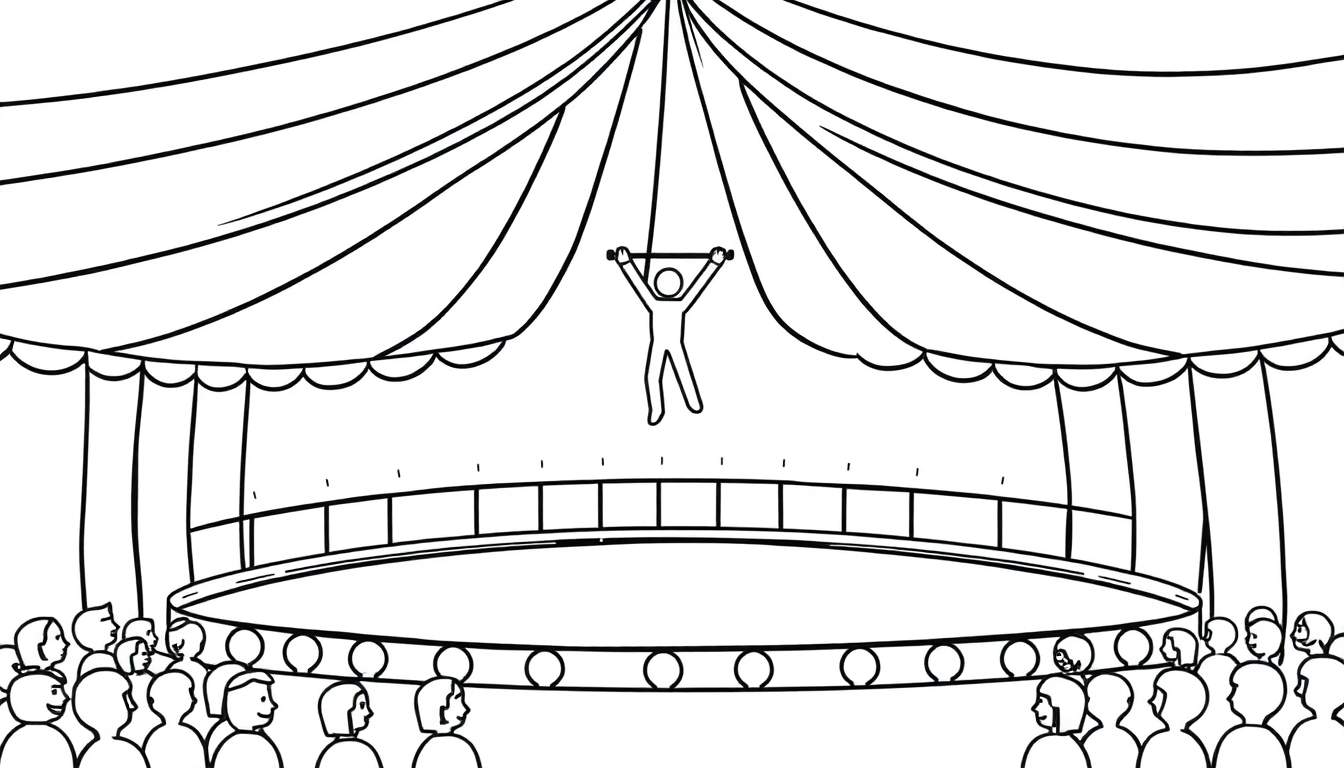 Coloriage d'un trapéziste stylisé en plein numéro de cirque, suspendu à une barre sous un chapiteau. La piste et les spectateurs sont visibles en dessous.