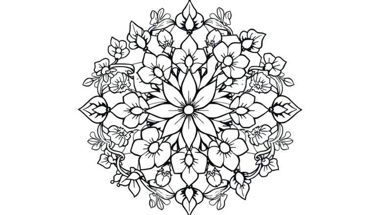 Coloriage d'un mandala floral symétrique, avec une grande fleur au centre entourée de motifs végétaux.