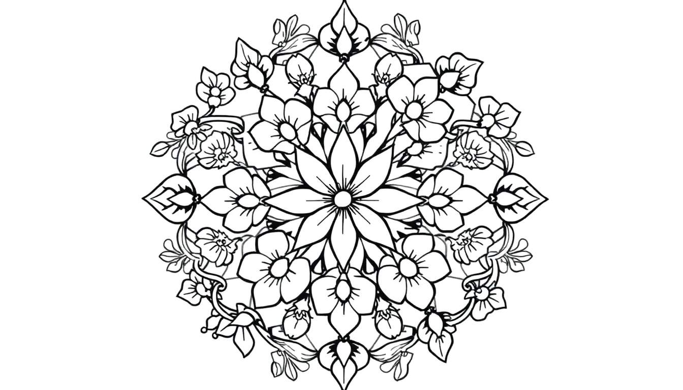 Coloriage d'un mandala floral symétrique, avec une grande fleur au centre entourée de motifs végétaux.
