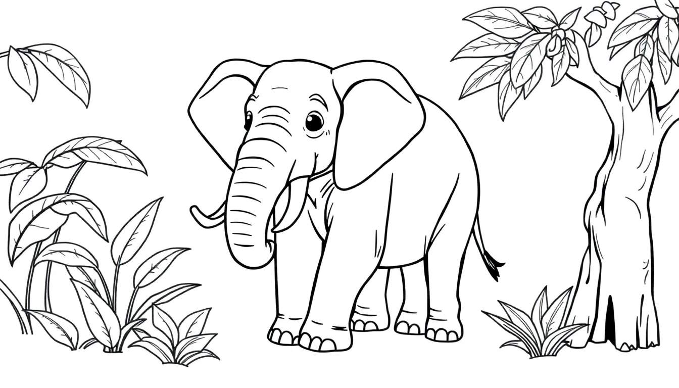Dessin au trait simple d'un éléphant de jungle, parfait pour un color panel.