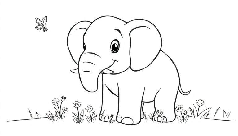 Un adorable éléphant prêt à être colorié, avec un papillon dans un champ de fleurs.