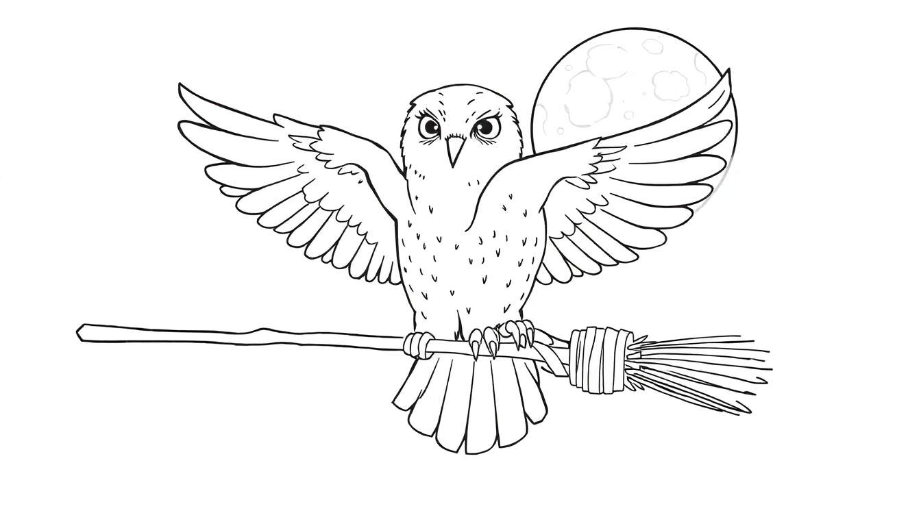 Coloriage d'une chouette blanche assise sur un balai, devant un grand croissant de lune.