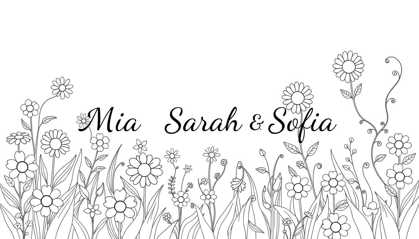Dessin au trait noir et blanc pour coloriage avec les noms Mia Sarah & Sofia au centre et un champ de fleurs et de feuillages en bas.
