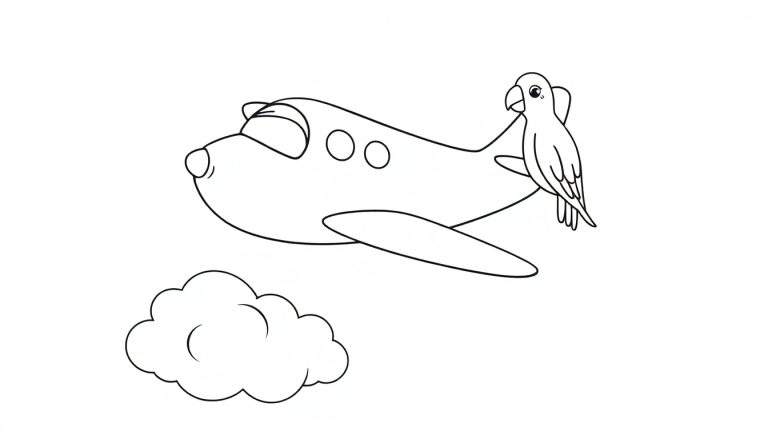 Dessin au trait noir et blanc d'un avion avec un perroquet sur la queue et un nuage.