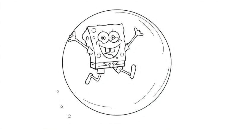 Dessin au trait de Bob l'éponge souriant et sautant dans une bulle, avec de petites bulles à côté.