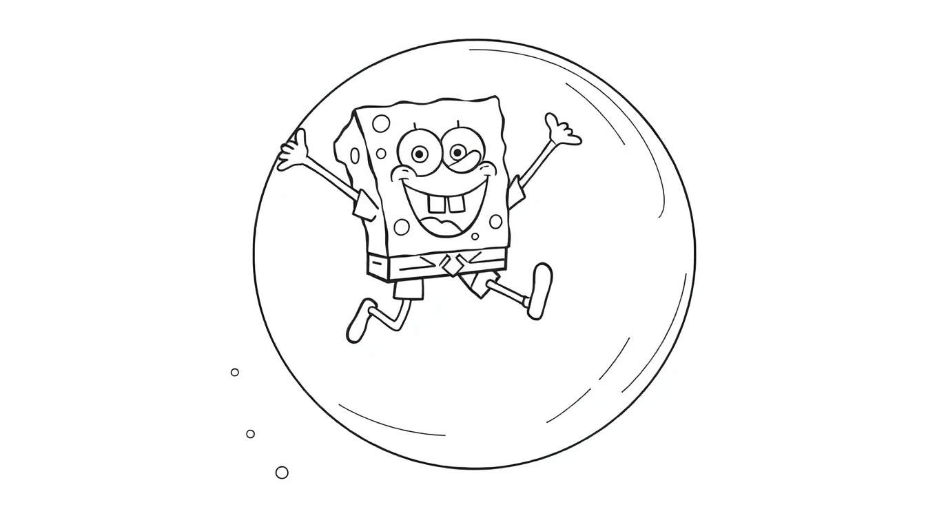 Dessin au trait de Bob l'éponge souriant et sautant dans une bulle, avec de petites bulles à côté.