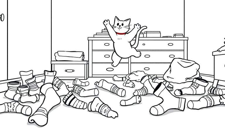 Coloriage d'un chat blanc espiègle avec un collier rouge sautant devant une commode, avec de nombreuses chaussettes sur le sol et d'autres meubles dans la pièce.
