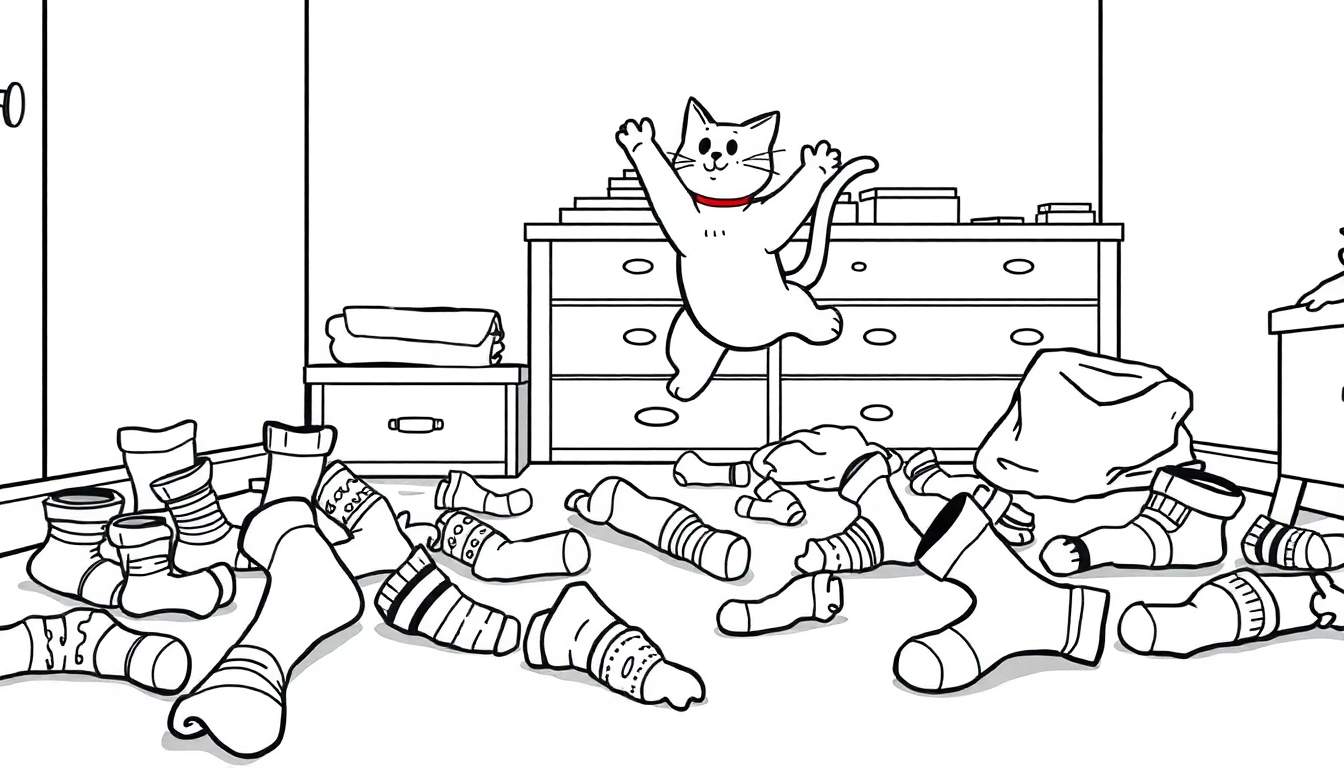 Coloriage d'un chat blanc espiègle avec un collier rouge sautant devant une commode, avec de nombreuses chaussettes sur le sol et d'autres meubles dans la pièce.