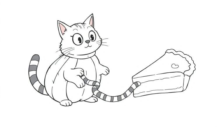 Coloriage d'un chat blanc avec une queue rayée tirant sur une part de tarte avec un cœur dessus.