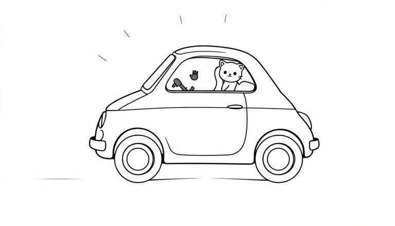 Coloriage d'un chat mignon conduisant une voiture avec un ami chat sur le siège passager.